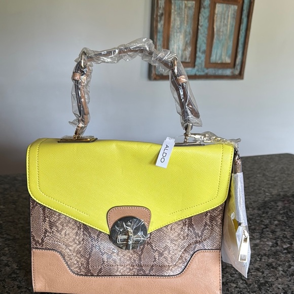 Aldo Yellow and Tan Satchel with Snake Print NWT - Picture 3 of 14
